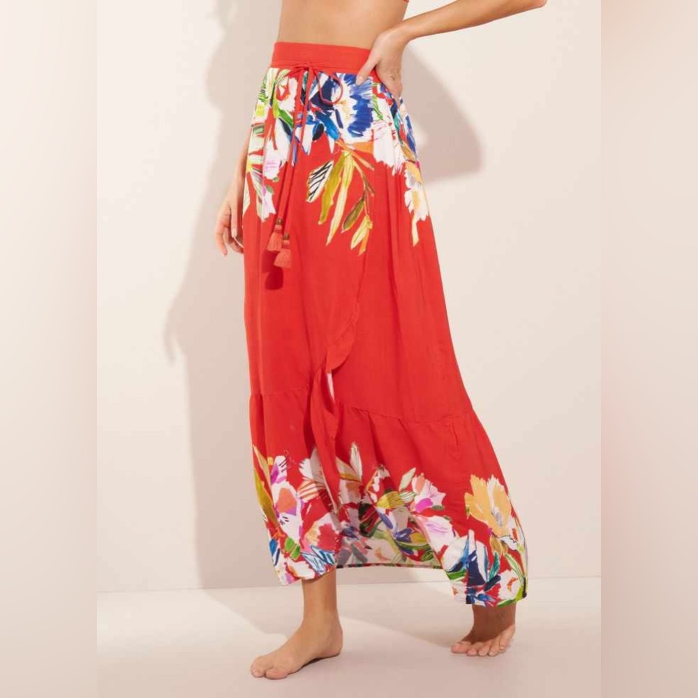 Maaji long wrap skirt swim cover up iris print Tahitian red women’s size small